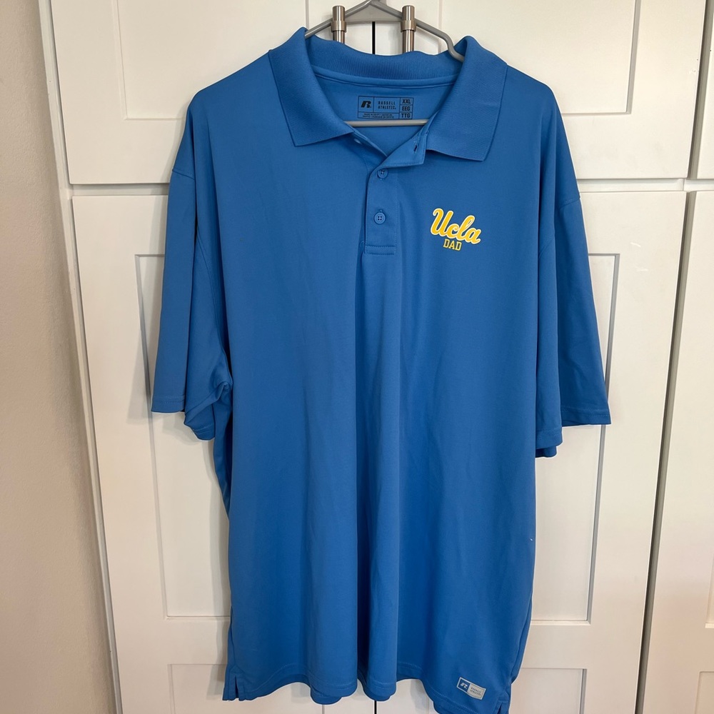 UCLA dad blue short sleeve-polo;size XXL, Russell athletic;worn once,great cond.